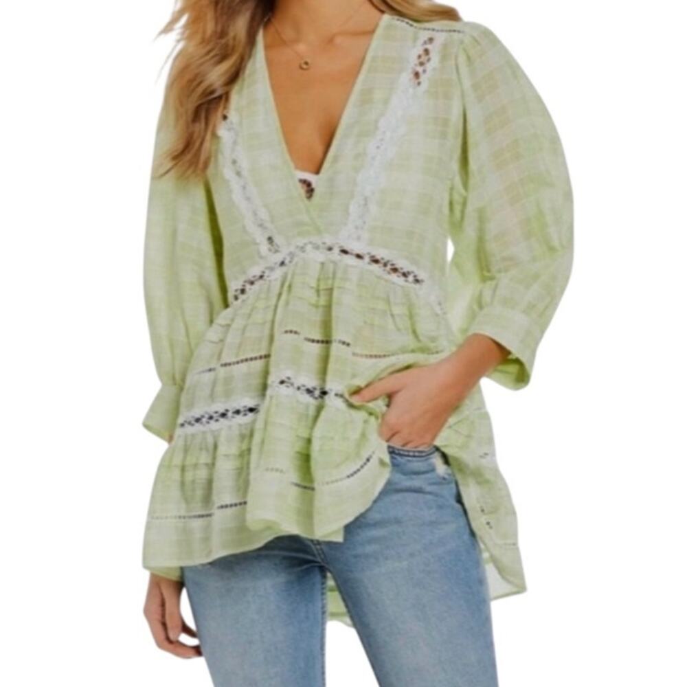 Free People small Time Out embroidered lace tunic puff sleeve top TLS1 3155